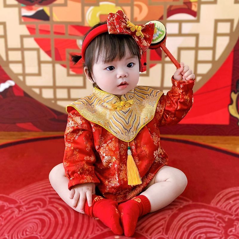 周岁礼服女宝宝中国风抓周服装百日宴礼服1周岁包P唐装冬加绒长袖