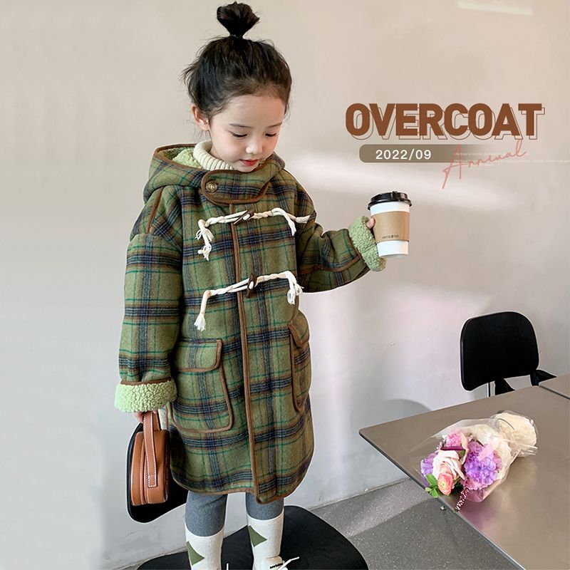 2024新款韩国毛呢大衣秋冬女童格子牛角扣中长款呢子潮童冬款外套