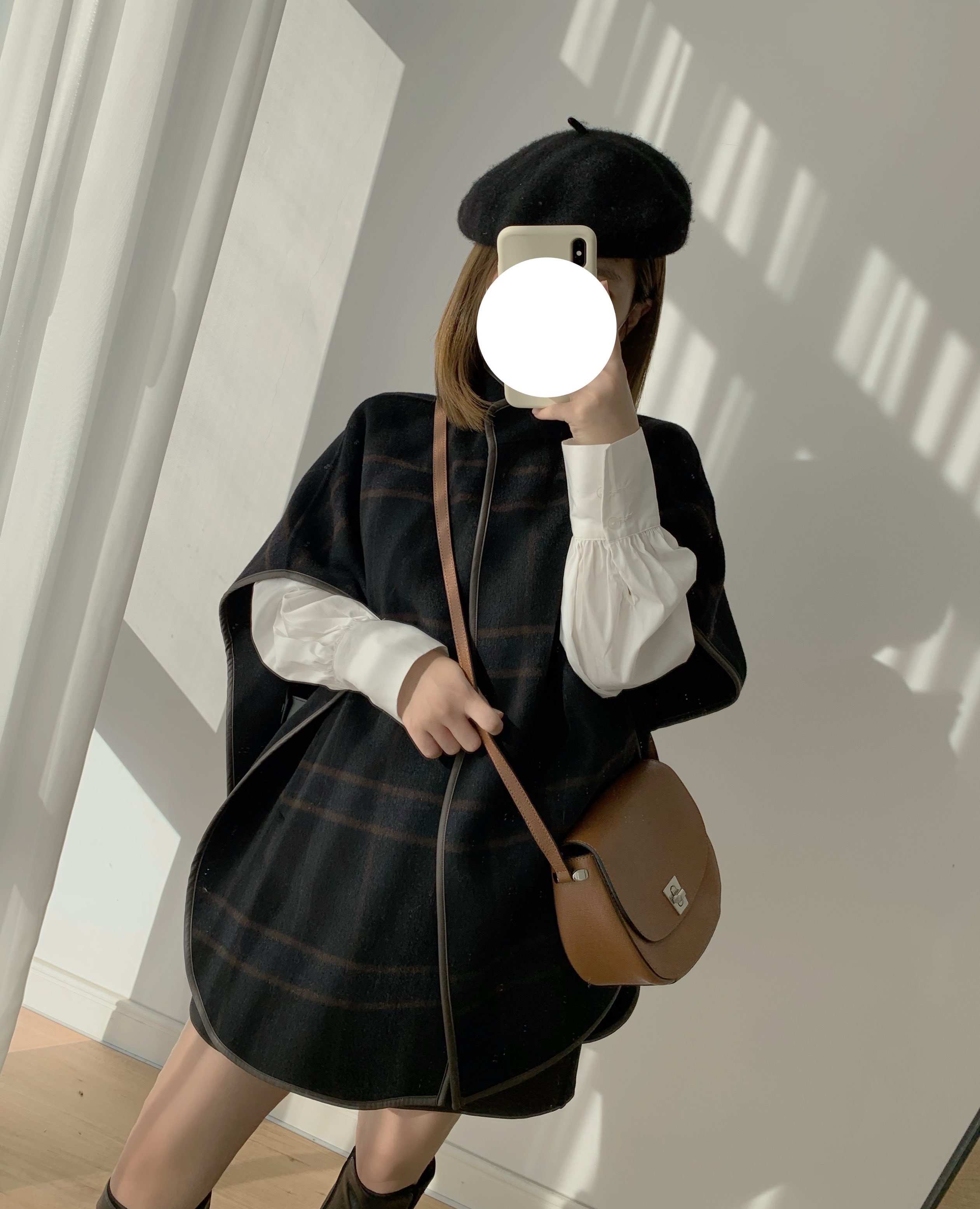 韩国N家元高品质复古格纹斗篷大衣