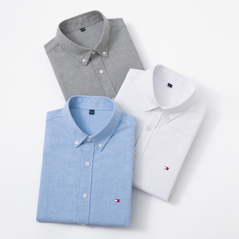 Tommy汤米秋季牛津纺长袖衬衫男中年百搭纯色刺绣男士休闲衬衣