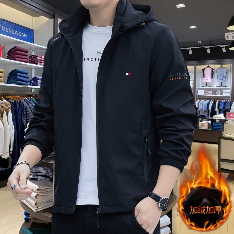 Tommy汤米秋冬加绒夹克外套男士运动休闲中青年时尚潮流连帽上衣