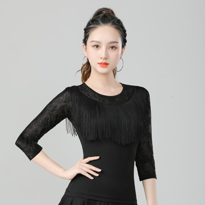 国标拉丁舞服成年女舞衣新款摩登舞流苏练功跳吉特巴舞蹈上装