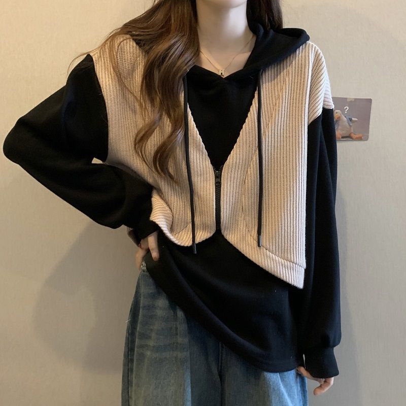 胖300斤大码女装慵懒风拼接假两件卫衣女小众宽松显瘦洋气上衣