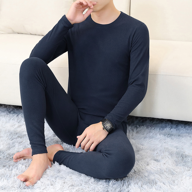 冬季新款男士保暖套装简约纯色百搭圆领保暖衣牙签绒秋衣秋裤一套