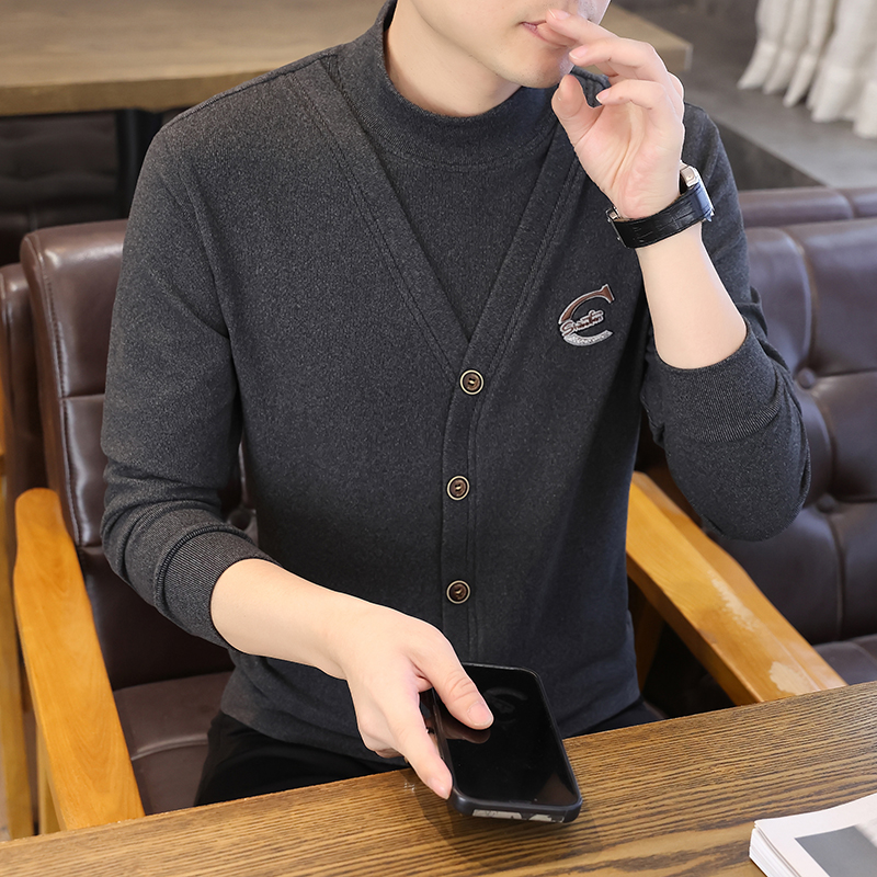 秋冬季新款男士假两件卫衣高端刺绣半高领德绒内搭长袖双面绒磨毛