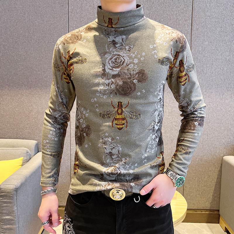 秋冬季新款男士半高领打底衫双面绒保暖长袖t恤男装德绒花上衣