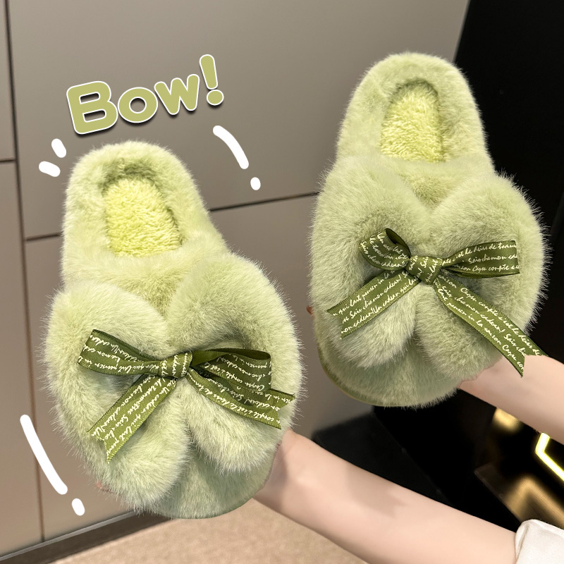 洋山公羊加绒厚底棉拖女款冬季新款家居保暖防滑可爱蝴蝶结棉拖鞋