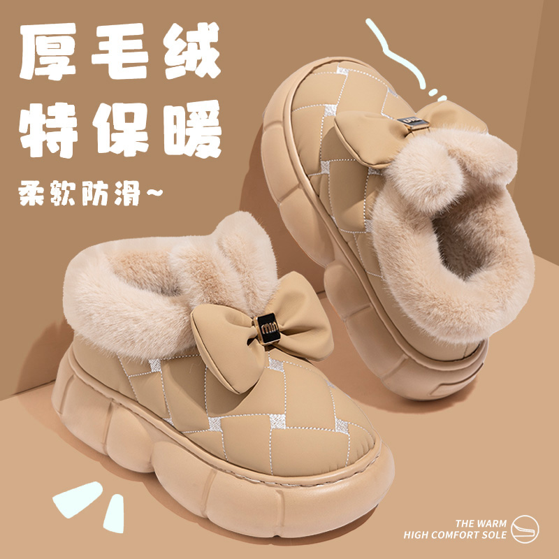 洋山公羊可爱包跟棉拖鞋女蝴蝶结厚底棉鞋踩屎感加绒冬保暖雪地靴
