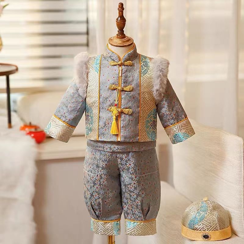 周岁礼服男宝唐装抓周衣服加棉高定银灰色中国风男童套装拜年服冬