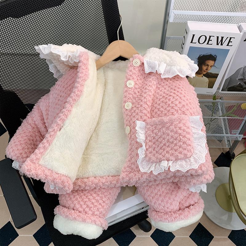 女童睡衣三层夹棉秋冬季儿童加厚保暖珊瑚绒法兰绒加绒宝宝家居服