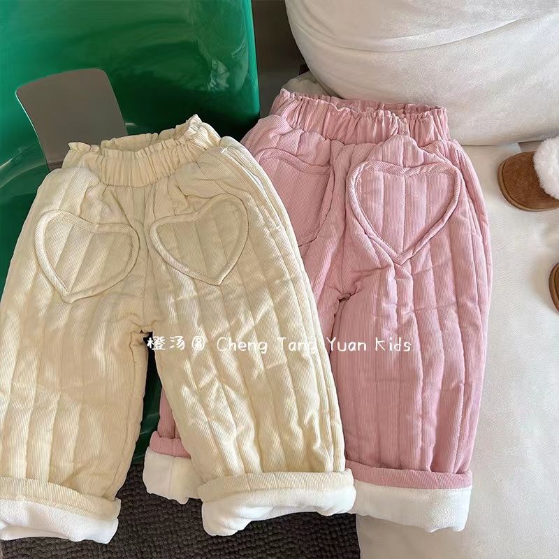 女童休闲裤冬季新款加绒加厚女宝宝裤子保暖夹棉休闲裤爱心长裤