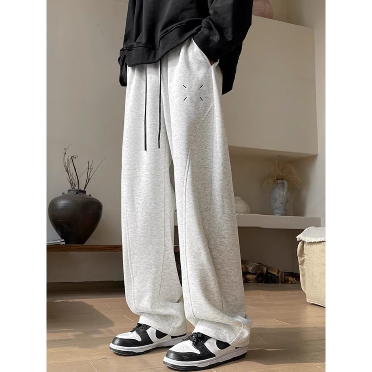 迈肯迪灰色休闲直筒卫裤男款春秋潮牌美式重磅马吉拉弯刀裤阔腿运