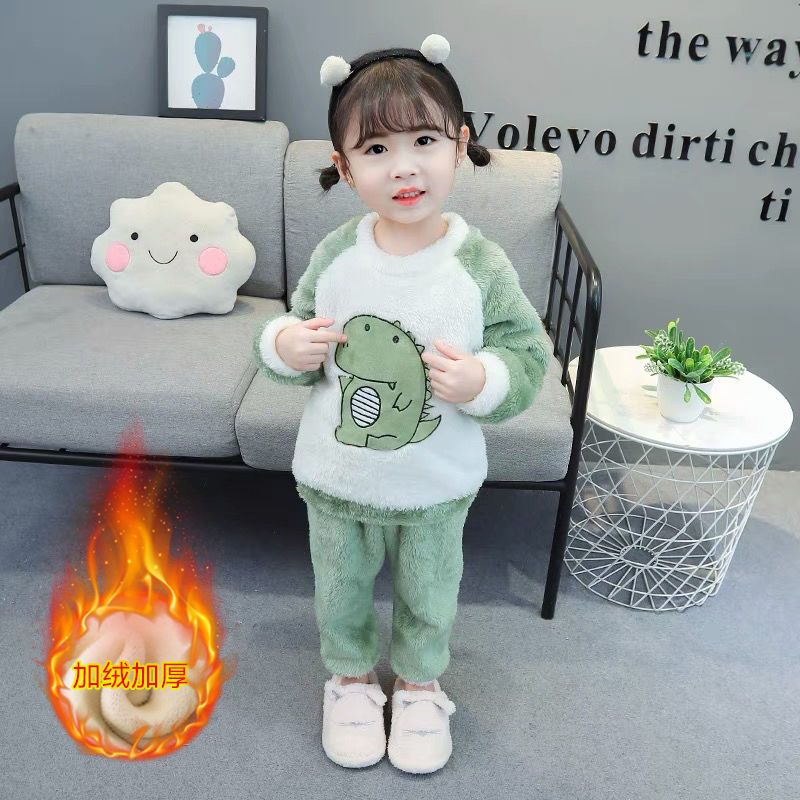 秋冬季衣服儿童套装加厚款加绒法兰绒男孩女童宝宝冬款洋气俩件套