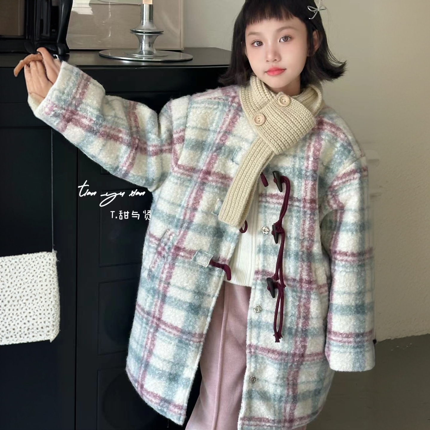 Bobo Beer 韩版秋冬女童设计师款加绒加厚洋气网红中长款毛呢外套