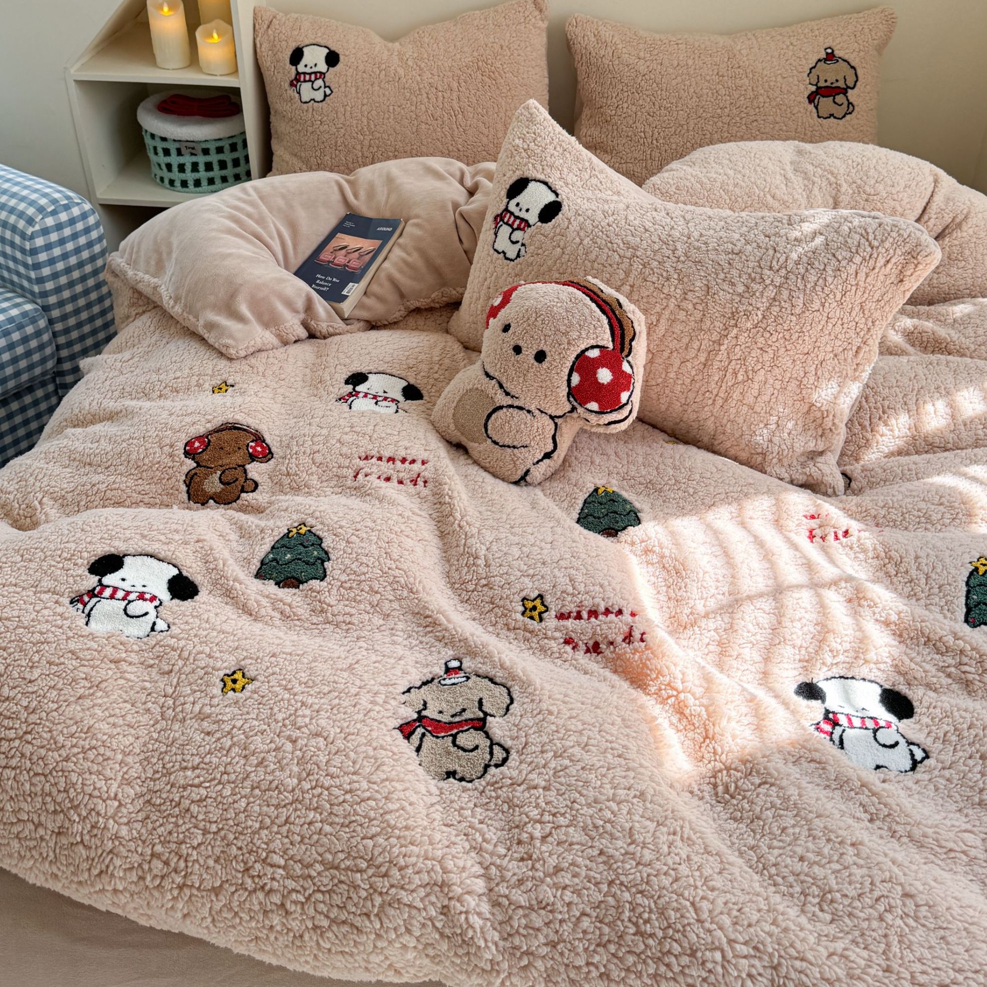 秋冬保暖牛奶绒四件套可爱卡通刺绣仿绵羊绒被套加厚床单床上用品