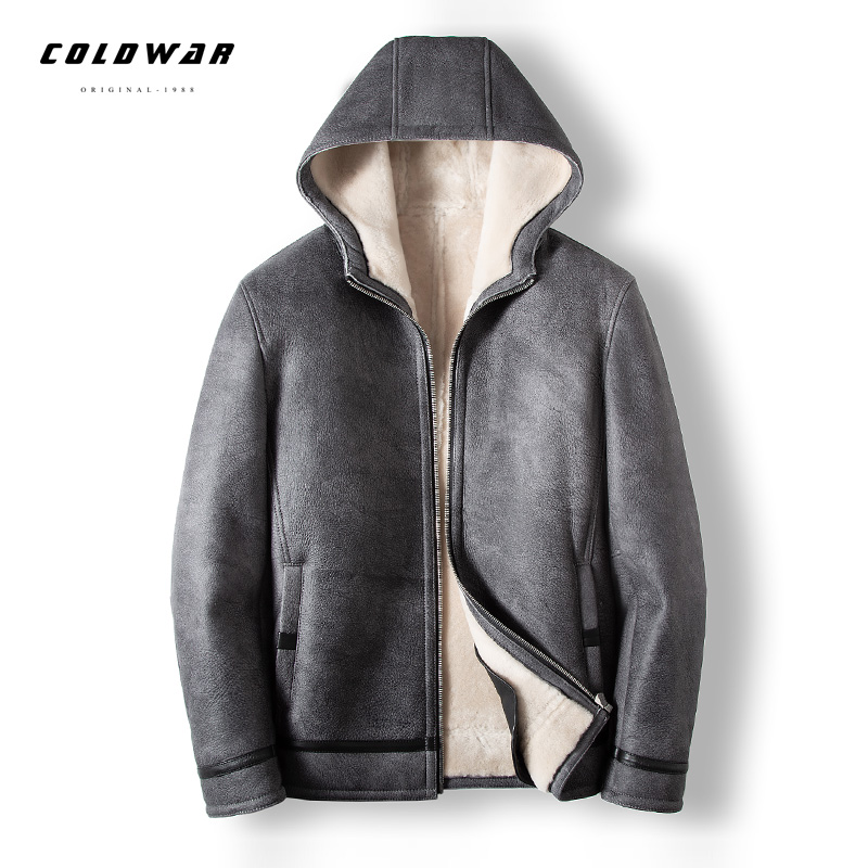 清，断码！轻便款连帽休闲羊皮毛一体男士冬季外套