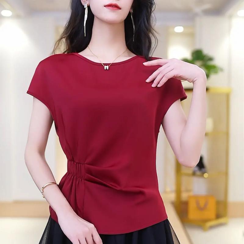 高级感丝滑缎面小衫短袖雪纺衫女夏2023新款修身T恤褶皱收腰上衣