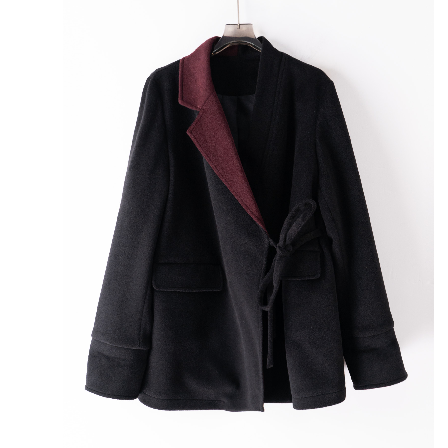 PW241137秋冬大码时尚简约潮流设计师款短款外套羊毛呢大衣撞色