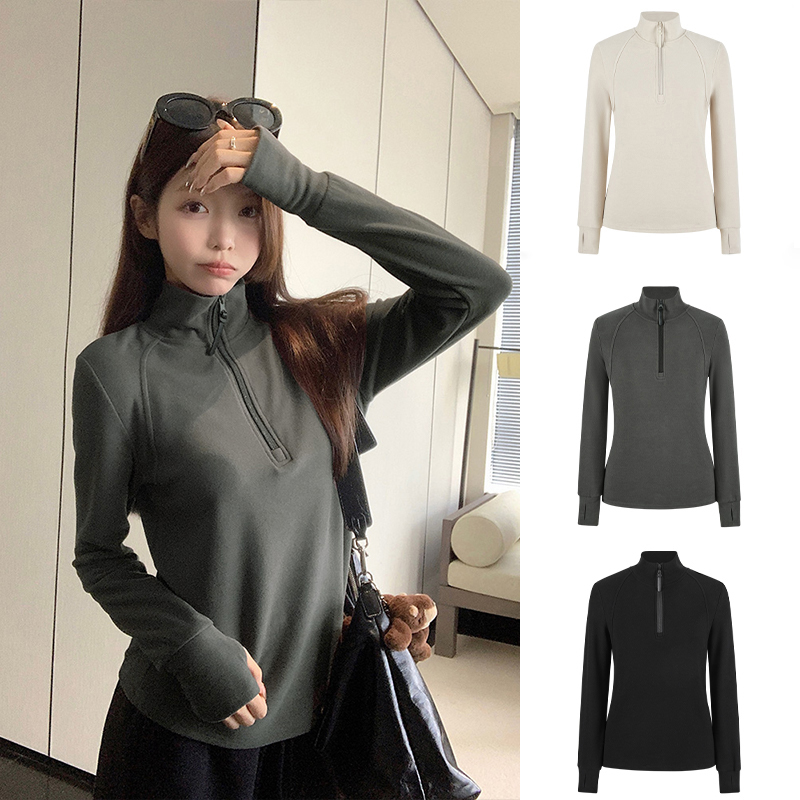 Moses Queen/魔西女王半开领拉链磨毛长袖T恤气质发热正肩上衣