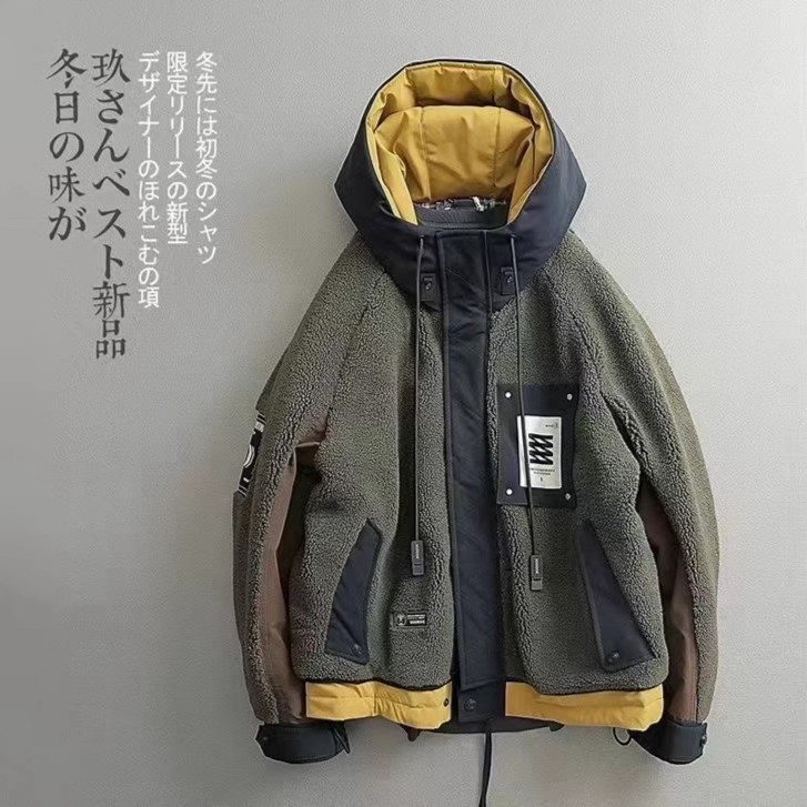 2023冬季新款潮牌羊羔绒连帽款加厚立体构造撞色拼接保暖外套拼色