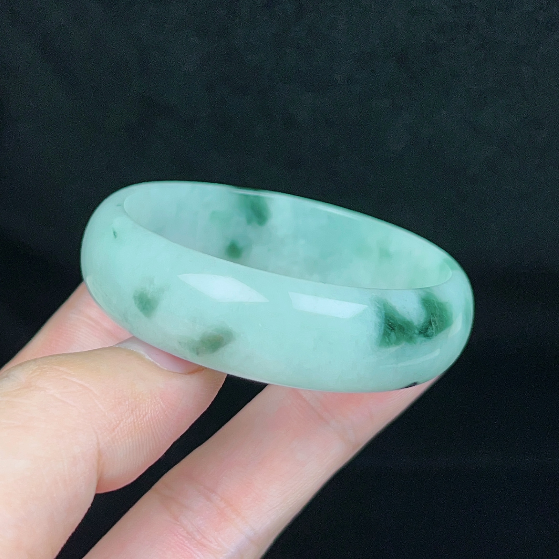 缅甸天然A货翡翠冰润飘花正圈福镯童镯宽边翡翠色礼物