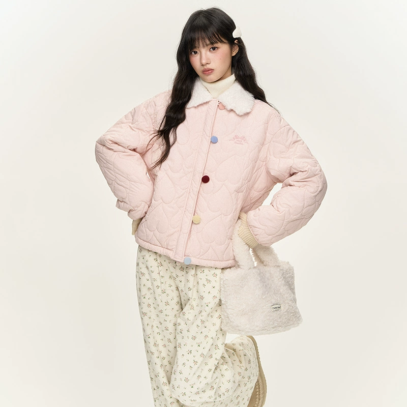 umoumo原创百搭奶甜外套不规则爱心绗缝毛绒拼接棉服NOTWT24572