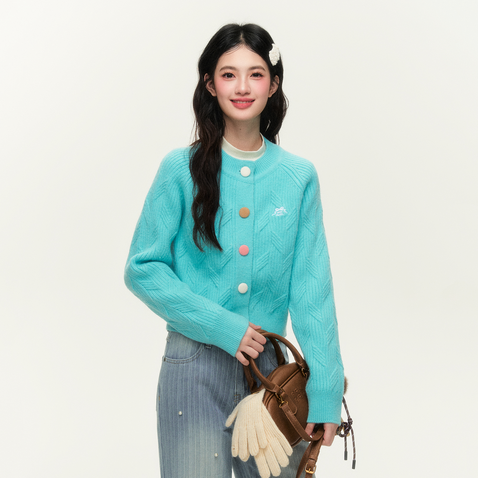 NTOT原创甜美绞花刺绣彩扣短款开衫插肩修身针织上衣NOTMY24384