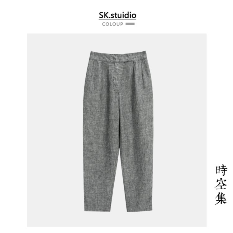 8028天花板色织亚麻九分哈伦西裤大码微胖女半松紧腰 夏季新款