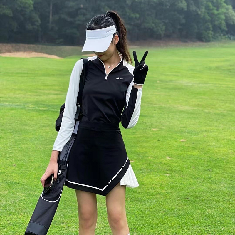 韩版高尔夫服装女春季长袖上女衣时尚修身半身百褶短裙子运动装