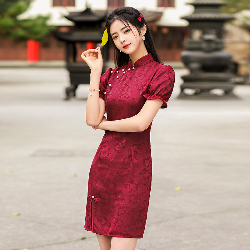 春夏季立领年轻款旗袍蕾丝时尚短款旗袍提花红色中式风格少女旗袍