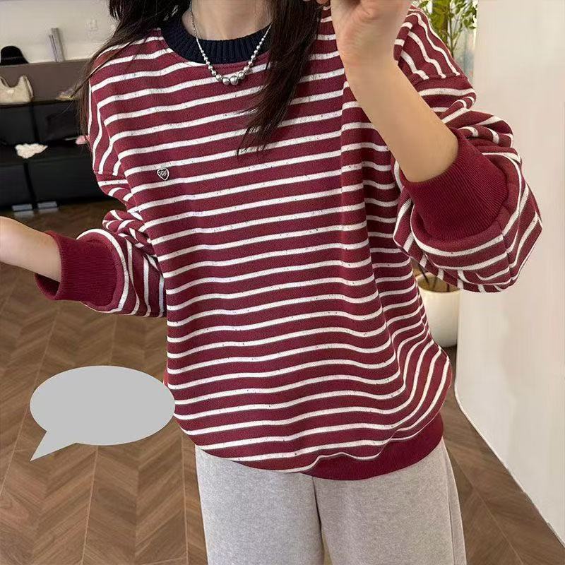 EGG圆领套头宽松韩版毛衣领撞色拼接设计感小众条纹加绒卫衣女潮