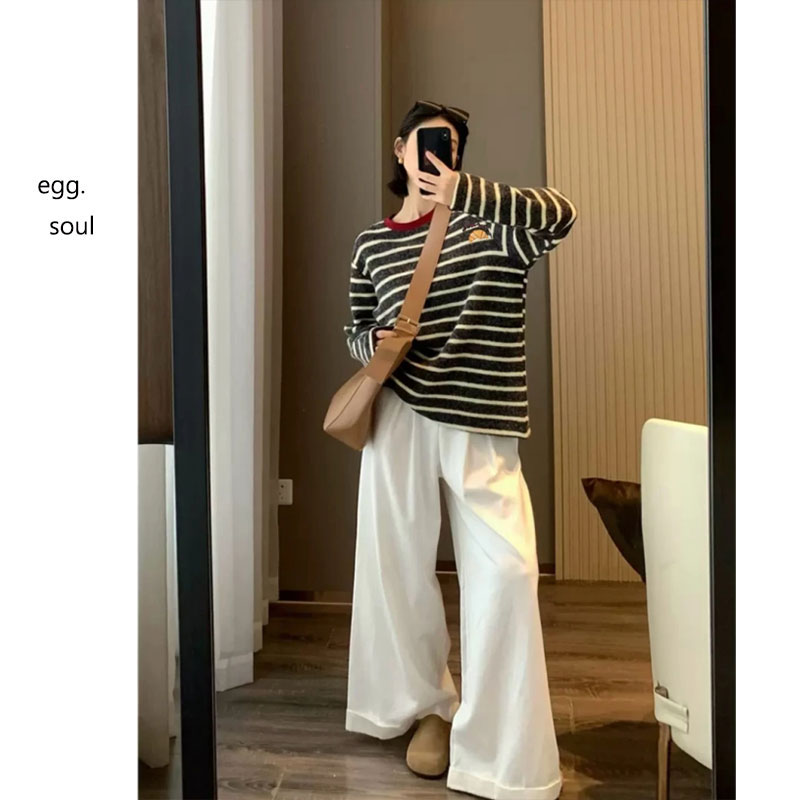 韩国东大门egg冬季新款条纹圆领T恤撞色磨毛牛角包中长款打底衫