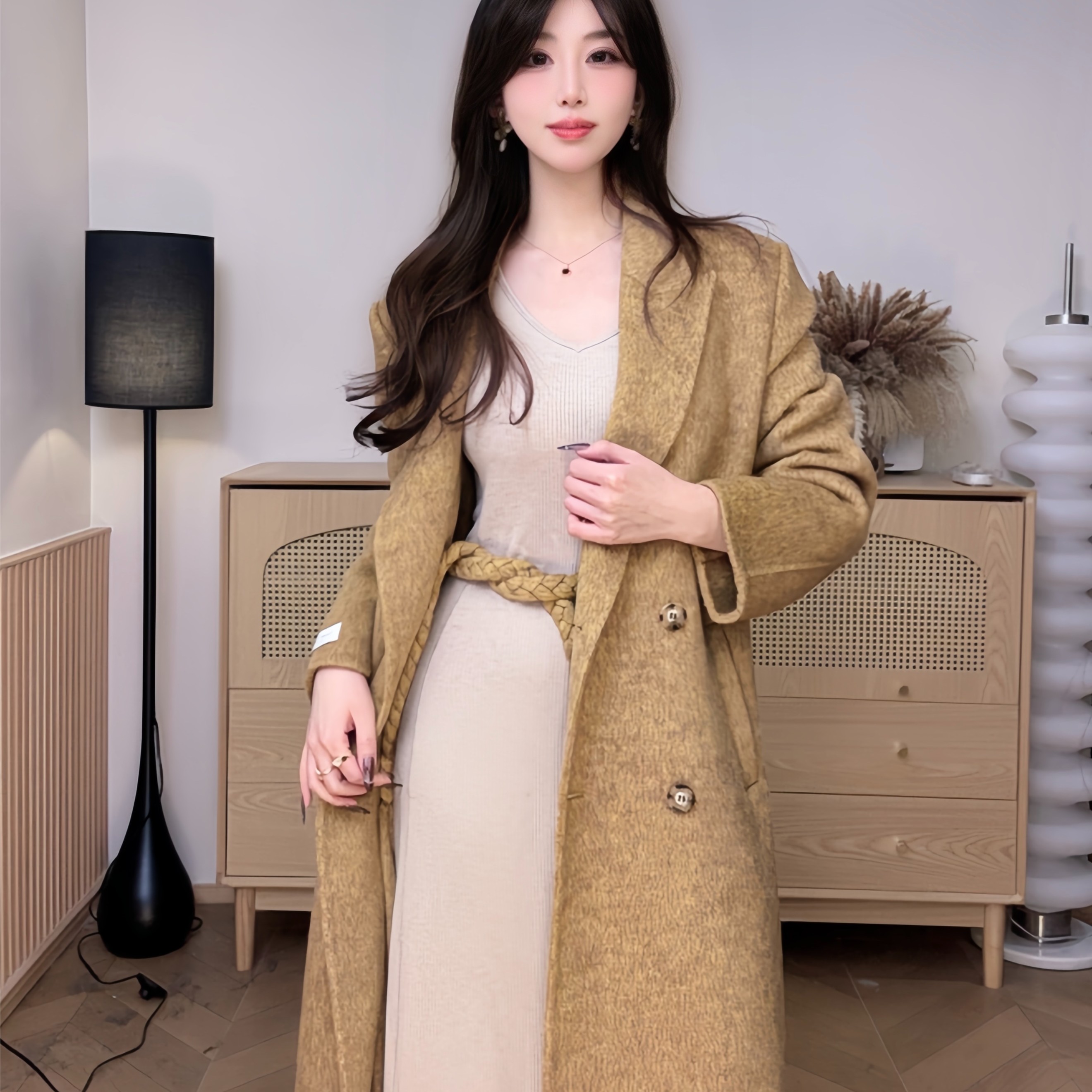 【洛洛专属】垫肩麻花辫设计双面羊毛大衣