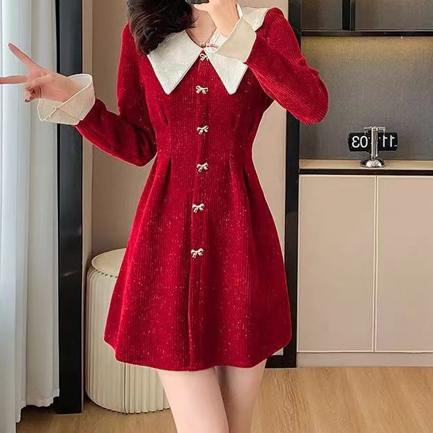 连衣裙裙子礼服气质小个子长袖法式收腰连衣裙裙子礼服气质小个子