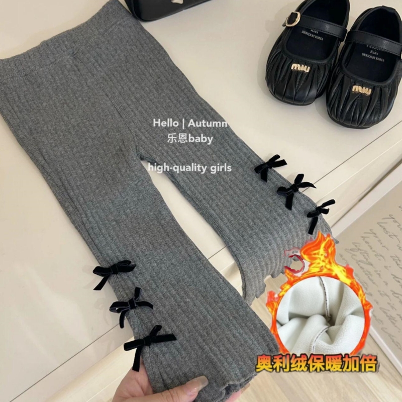 女童加绒长裤秋冬款蝴蝶结儿百搭打底裤洋气小宝宝外穿时髦喇叭裤