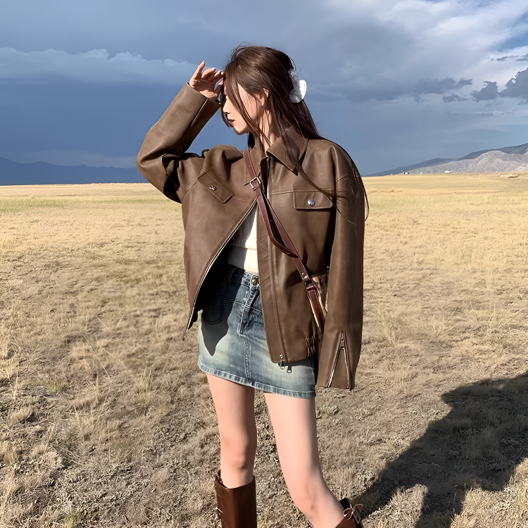 显瘦皮衣外套女2025年新款春秋季机车服短款咖色复古美拉德夹克秋