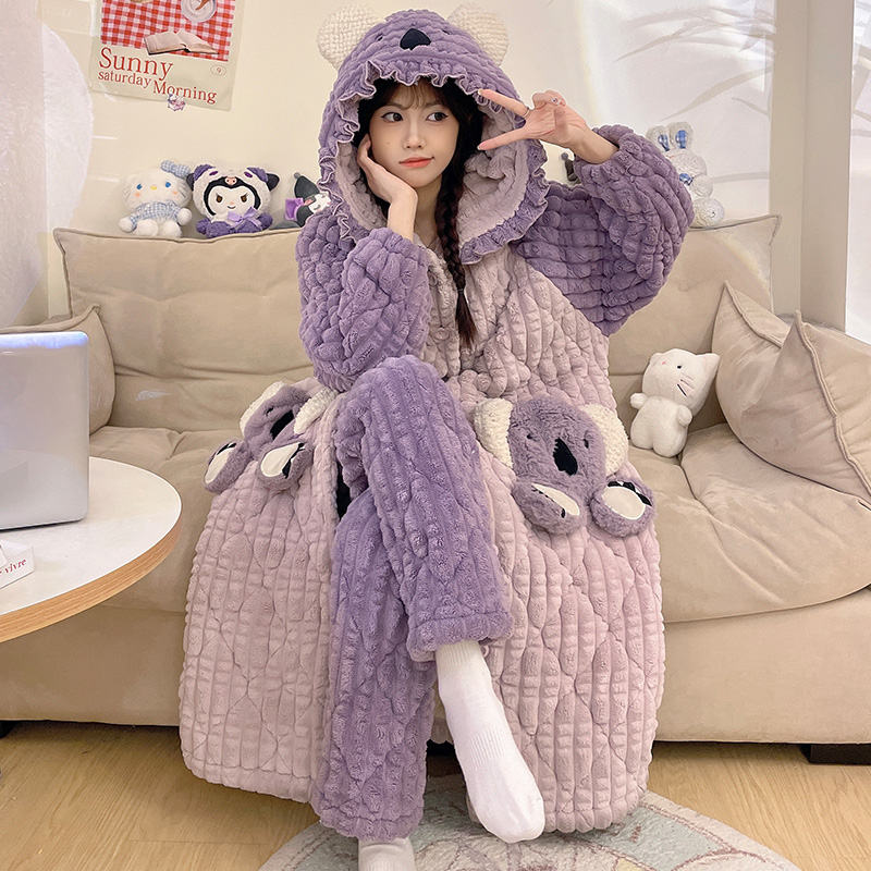 三层夹棉加厚睡袍冬季加绒加厚睡衣女士秋冬款珊瑚绒家居服 8928