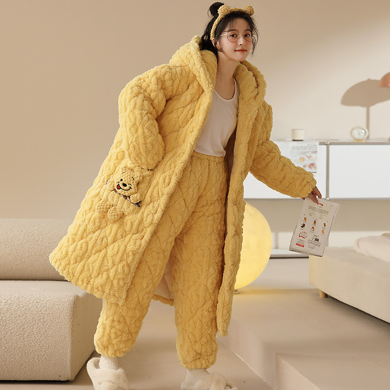 三层夹棉加厚睡袍冬季法兰绒睡衣女士卡通可爱珊瑚绒家居服 8980