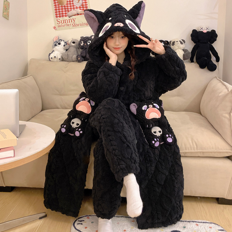 三层夹棉加厚加绒睡袍可外穿冬季睡衣女士卡通珊瑚绒家居服 9018