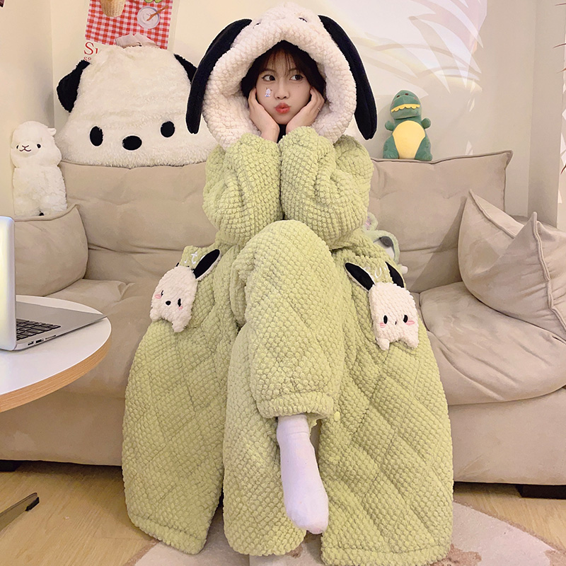 三层夹棉加厚加绒睡袍冬季珊瑚绒睡衣女士可外穿卡通家居服 8958