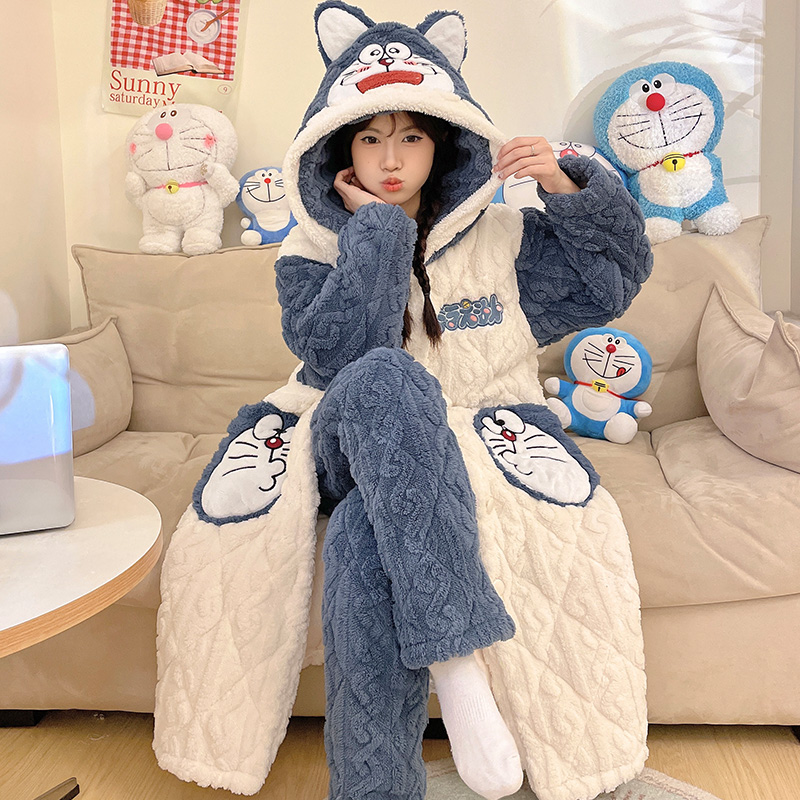三层夹棉加厚睡袍冬季法兰绒睡衣女士卡通冬天珊瑚绒家居服 8917