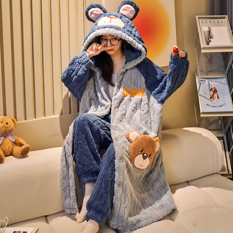 珊瑚绒睡袍女士秋冬季法兰绒睡衣女连帽加厚保暖卡通家居服 2200