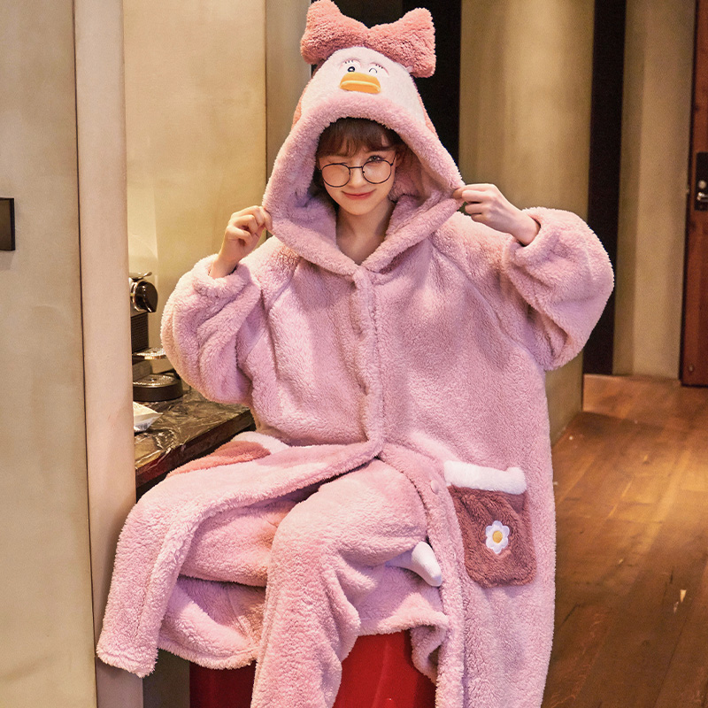 法兰绒睡袍女士秋冬季绒睡衣女连帽加厚保暖卡通家居服 2161