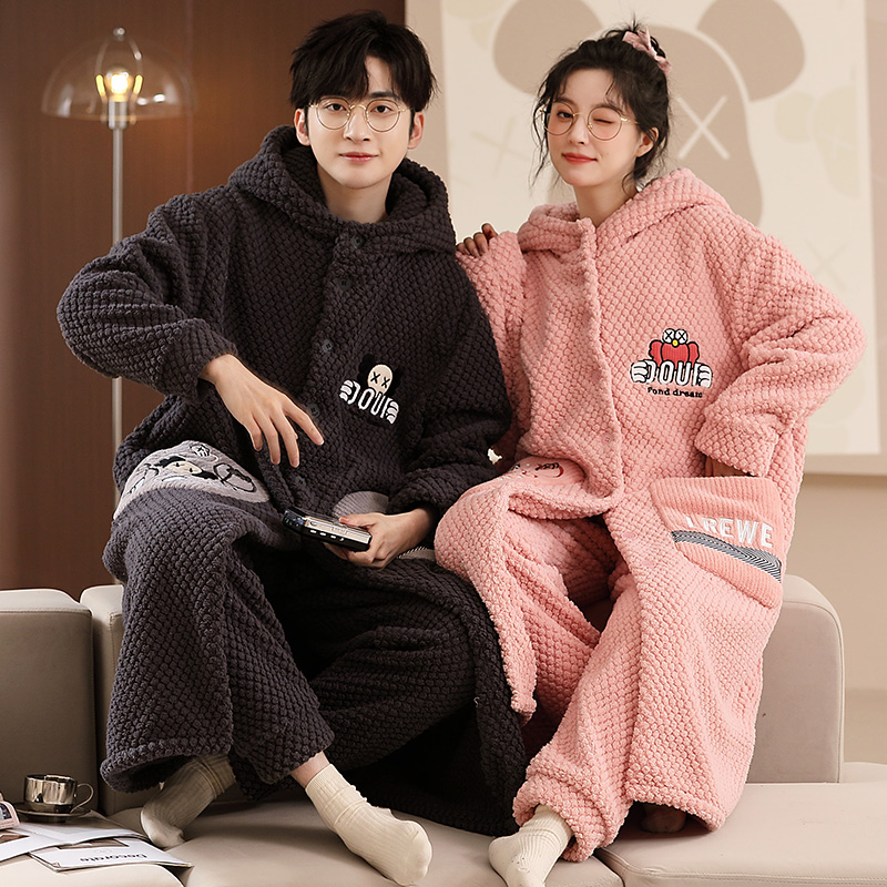 秋冬季珊瑚绒睡袍韩版卡通情侣睡衣女法兰绒宽松男士家居服 2282