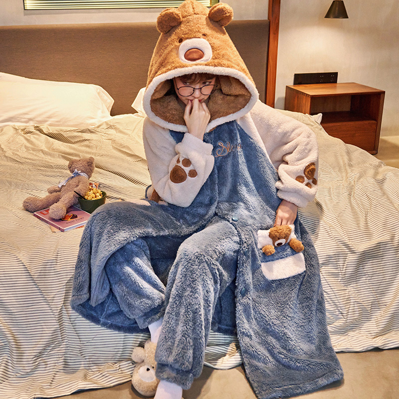 珊瑚绒睡袍女士秋冬季法兰绒睡衣女连帽加厚保暖卡通家居服 2185