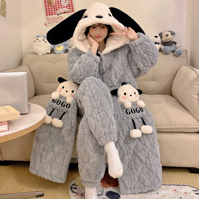 三层夹棉加厚加绒睡袍可外穿冬季睡衣女士卡通珊瑚绒家居服 9006