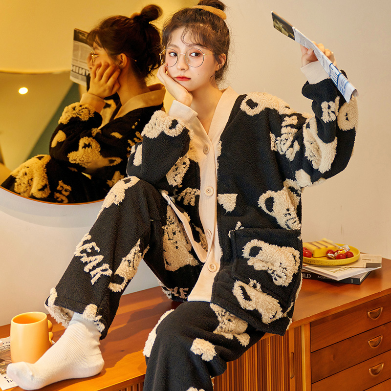 法兰绒睡衣女士秋冬季加厚卡通韩版珊瑚绒可外穿家居服套装 2196
