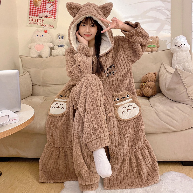 珊瑚绒睡袍女士秋冬季法兰绒睡衣女连帽加厚保暖卡通家居服 2271