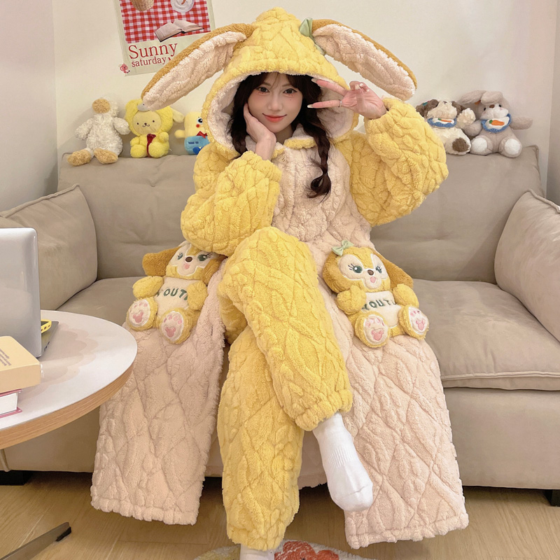 三层夹棉加厚加绒睡袍可外穿冬季睡衣女士卡通珊瑚绒家居服 9020