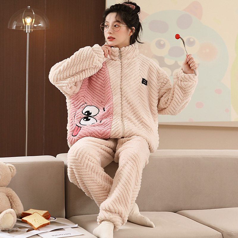 秋冬季法兰绒睡衣女士甜美加厚珊瑚绒可外穿拉链家居服套装 2295